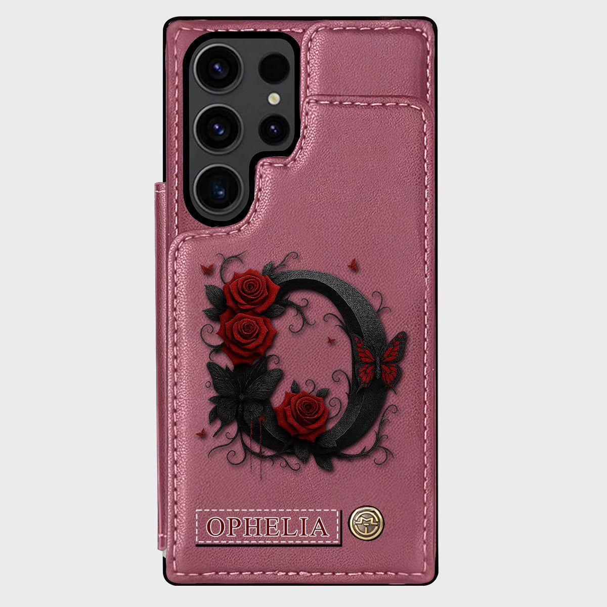 Alphabet Red Rose And Butterflies - Personalized Luxury Wallet Phone Case