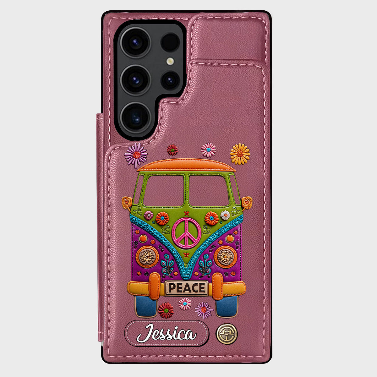 Peace Bus – Personalisierte Hippie-Handyhülle mit Lederanhänger