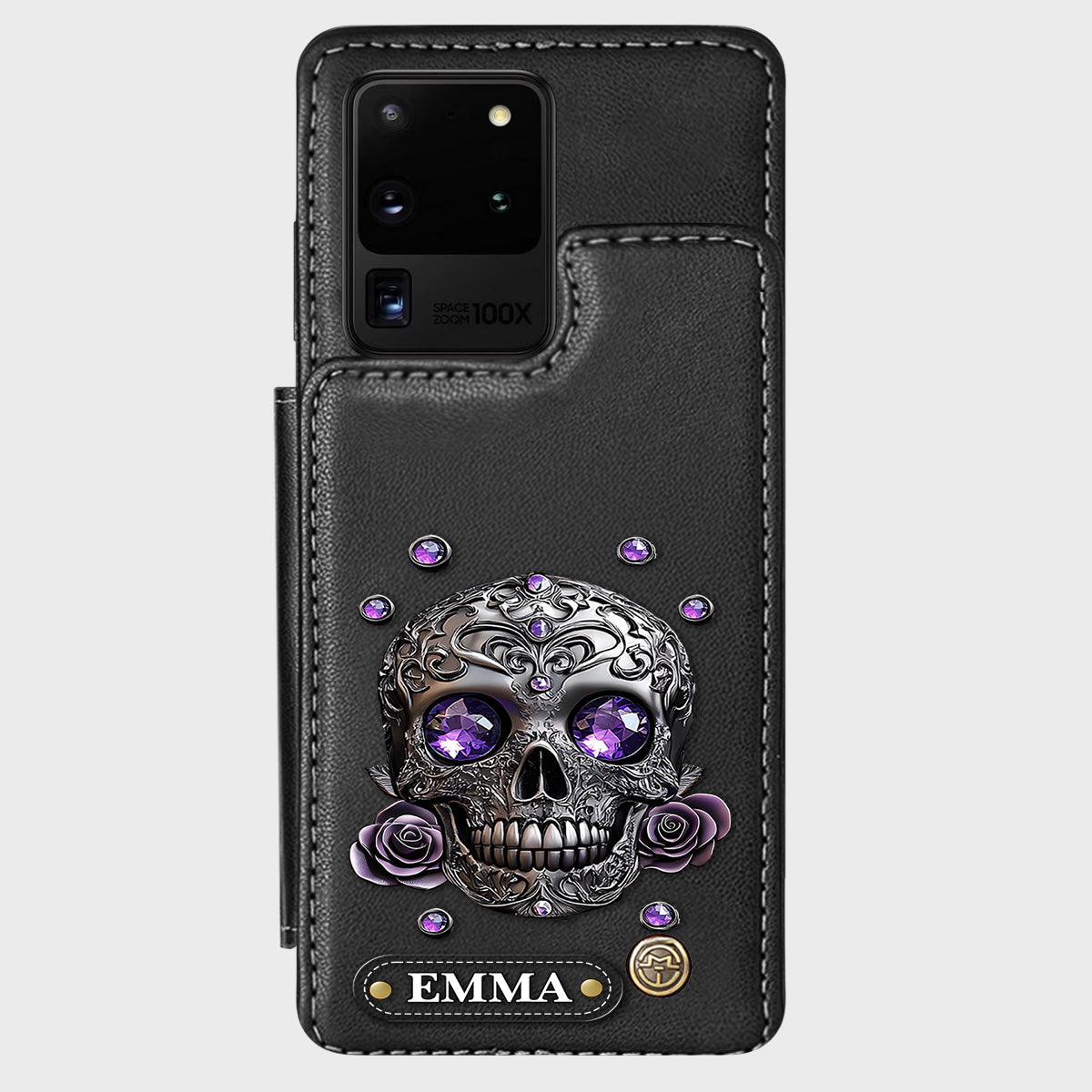 Wunderschöne Totenkopf- und Rosen-Handyhülle mit personalisiertem Totenkopf-Geldbeutel