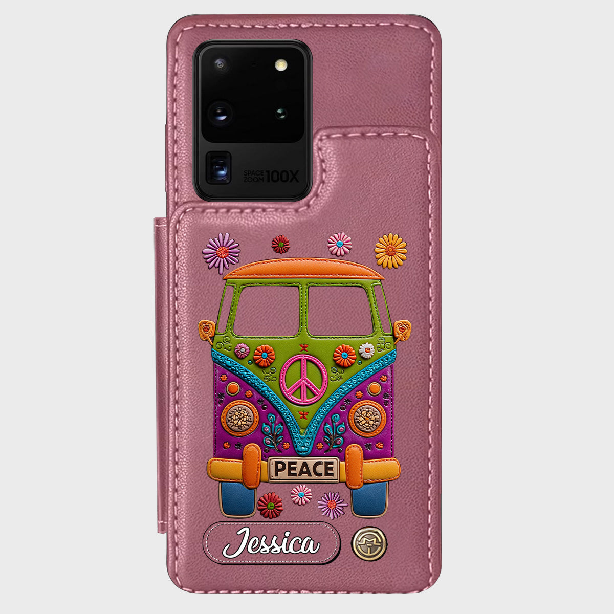 Peace Bus – Personalisierte Hippie-Handyhülle mit Lederanhänger