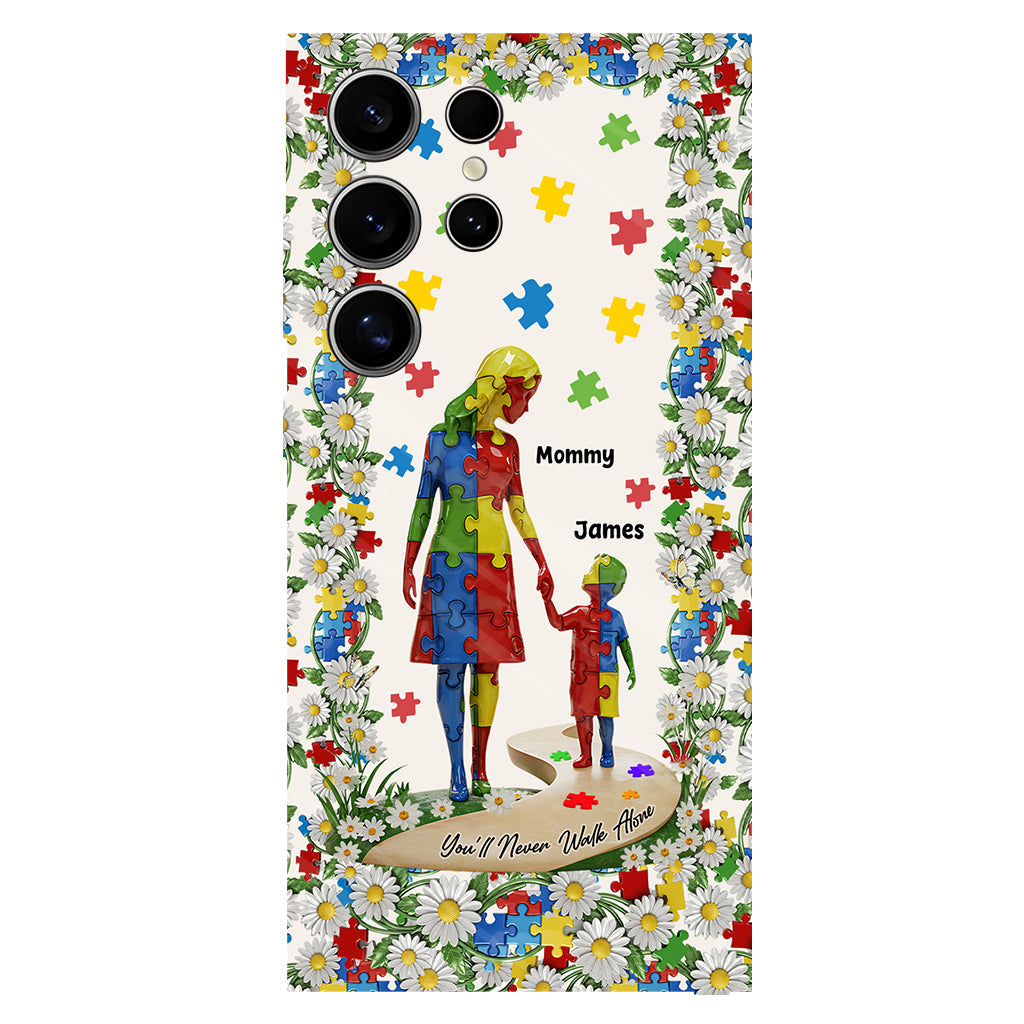 Du wirst niemals allein gehen – Personalisierte Handyhülle mit vollflächigem Aufdruck zum Thema Autismus