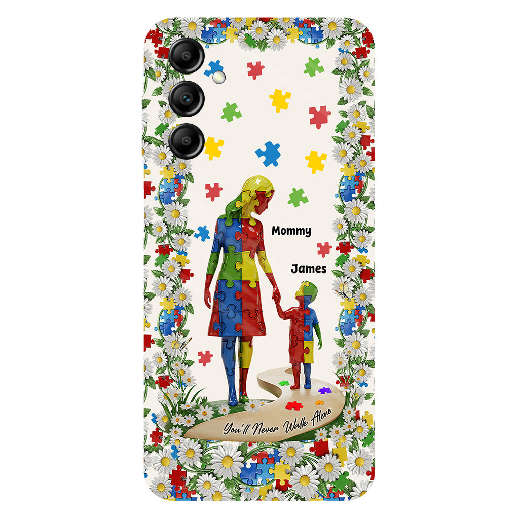 Du wirst niemals allein gehen – Personalisierte Handyhülle mit vollflächigem Aufdruck zum Thema Autismus