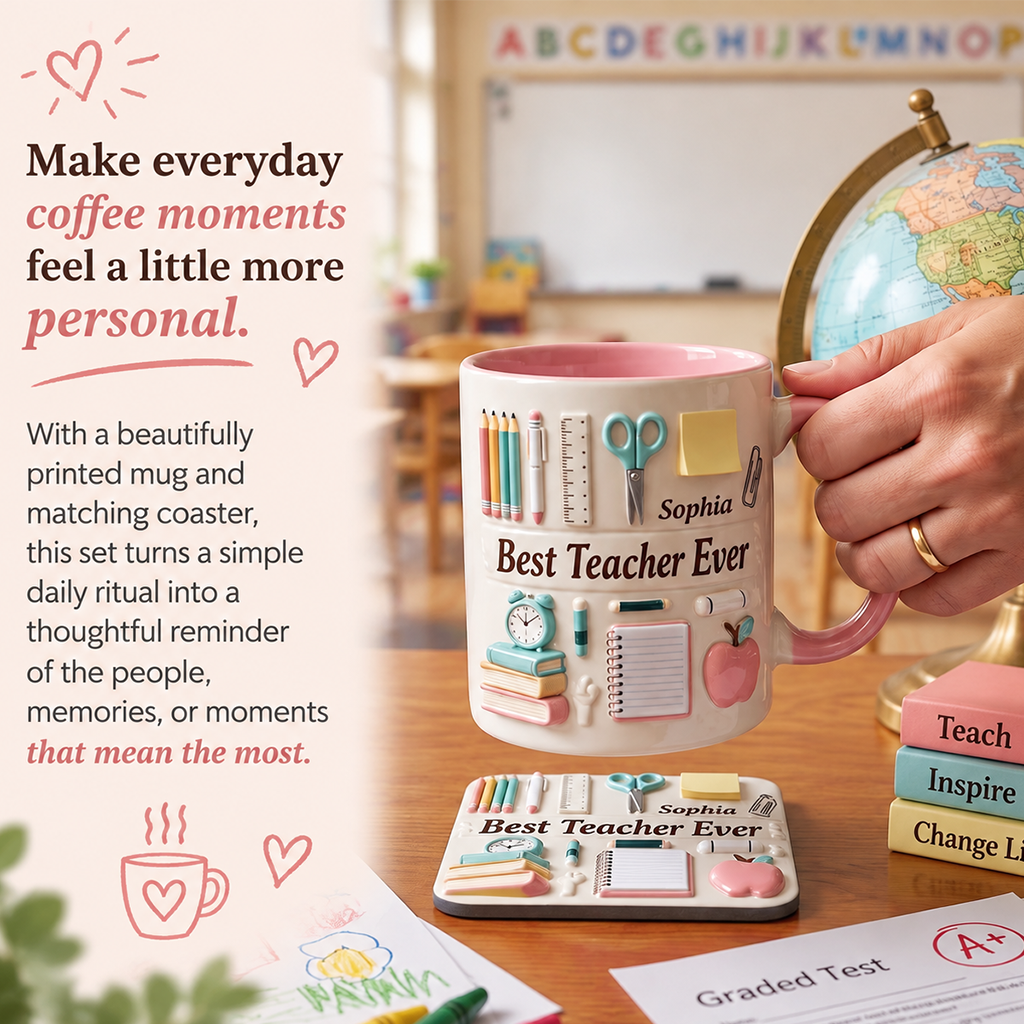 Bester Lehrer aller Zeiten – Personalisierte Tasse und Untersetzer mit Lehrermotiv