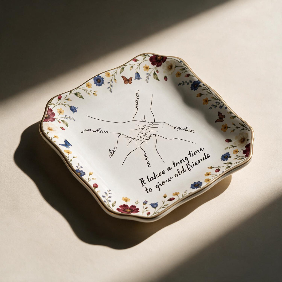 Personalized Old Friends Wildflower Jewelry Dish, Custom Bestie Gift with Names