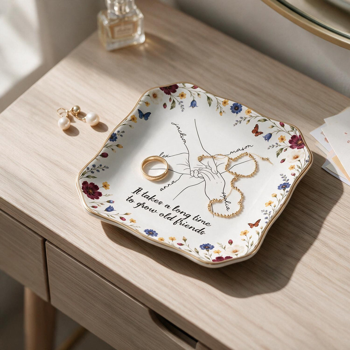 Personalized Old Friends Holding Hands Floral Jewelry Dish, Bestie Gift
