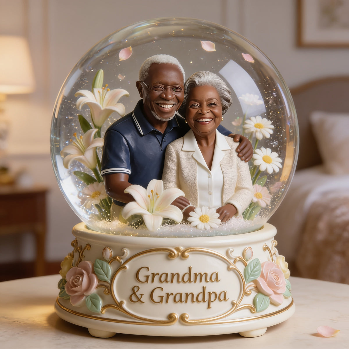 Personalisierte schwarze Großeltern Glasdome Lampe - Individuelle Paarfigur, sentimentales Schlafzimmerdekor Geschenk