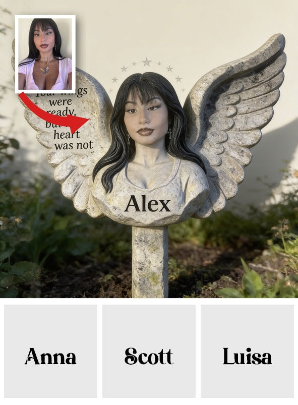 Personalisierte schwarze Mädchen-Gedenkengel-Gartenplakette 'Deine Flügel waren bereit' Trauergeschenk