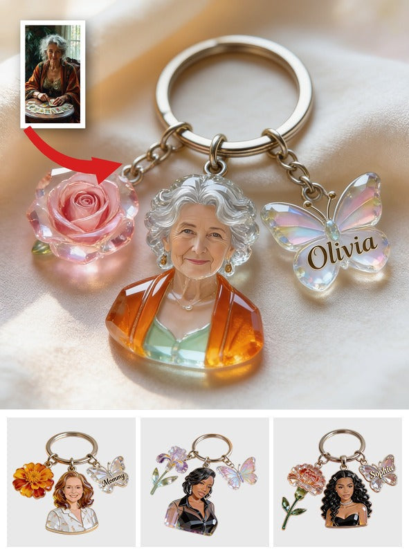 Personalisierter Kristall Latina Oma Porträt Schlüsselanhänger - Individueller Name Rosen Schmetterling Charm Sentimentales Geschenk für Großmutter