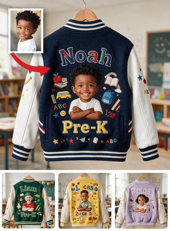 Personalized Little Black Boy Back To School Varsity Jacket Custom Name Grade Kids Casual School Outerwear Gift