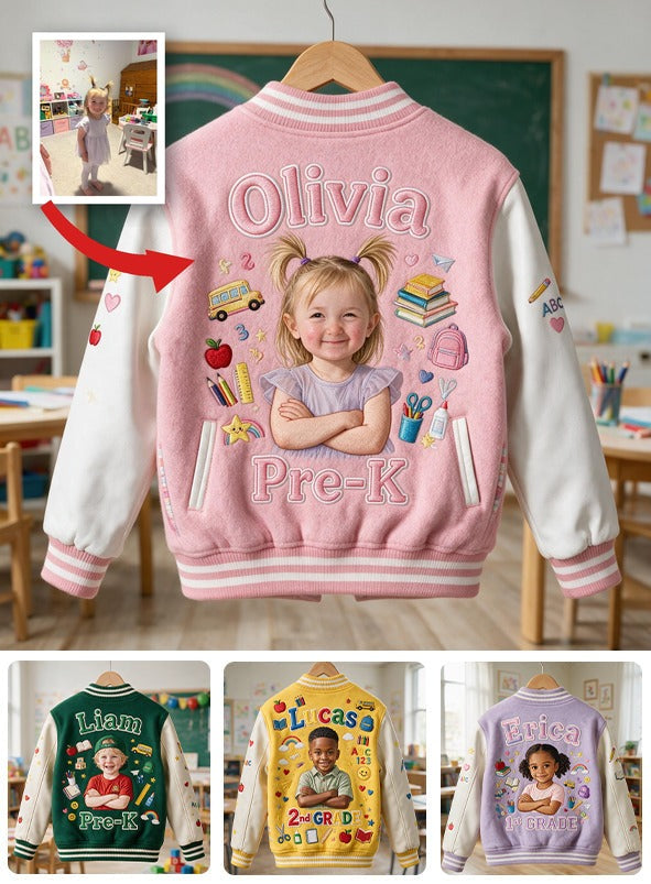 Personalisierte Varsity-Jacke für Mädchen zur Schule mit Foto, Name & Klasse