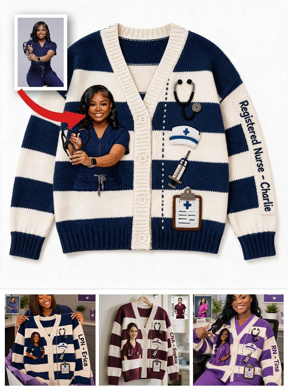 Personalisierter schwarzer Nurse Life gestreifter Strickcardigan, durchdachtes Geschenk für Gesundheitsarbeiter