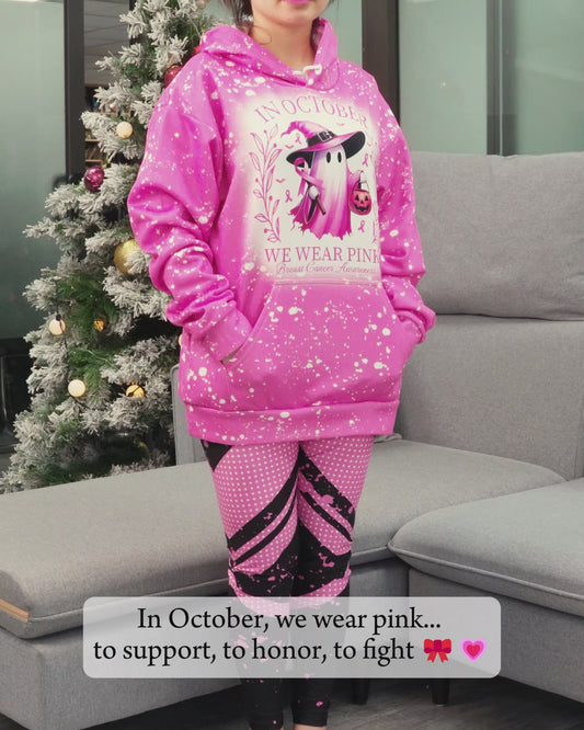 Im Oktober tragen wir pinkfarbene Hoodies und Leggings zur Sensibilisierung für Brustkrebs.