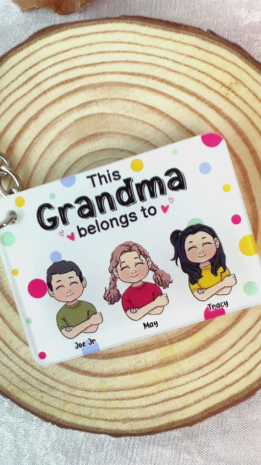 This Grandma / Grandpa / Mom / Dad Belongs To - Personalized Mother's day Grandma Keychain (Printed On Both Sides)