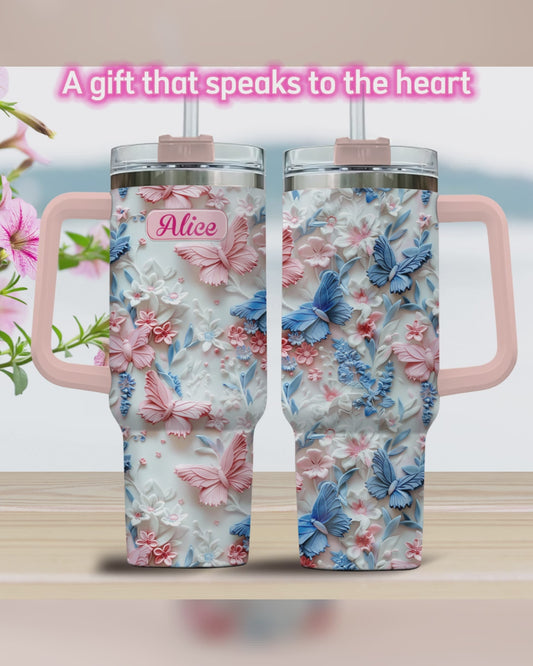 Personalisierter Schmetterlingsbecher mit Henkel in Rosa und Blau
