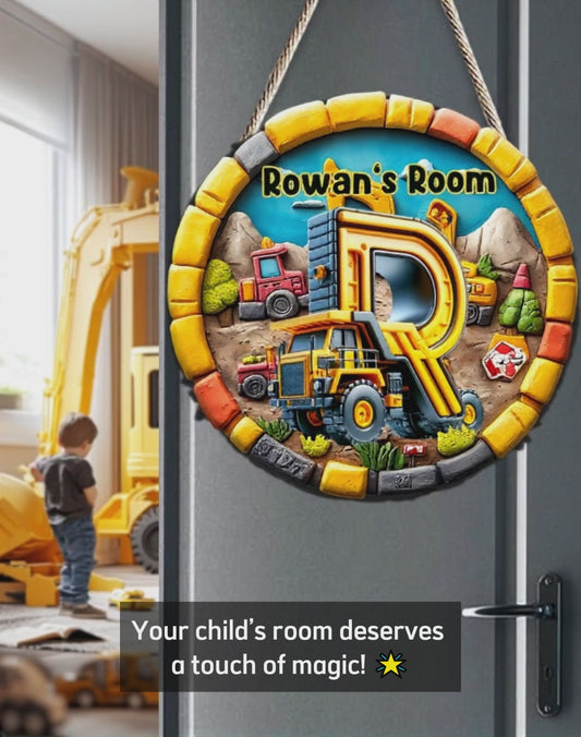 Baustellenfahrzeuge-Buchstabe - Personalisiertes, individuell geformtes Holzschild für Kinder