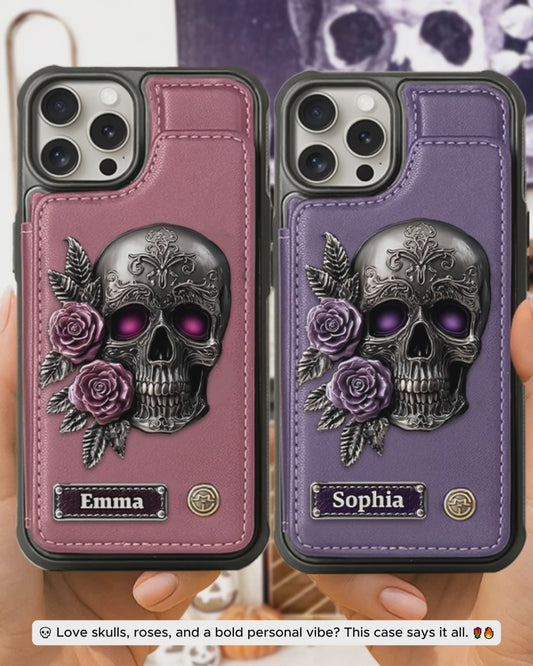 Totenkopf und Rosen – Personalisierte Totenkopf-Handyhülle mit Brieftaschenfunktion