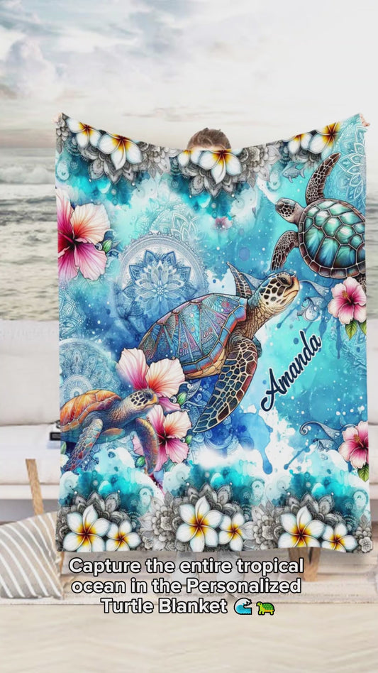 Sea Turtle Mandala Tropical Flower - Personalized Turtle Blanket