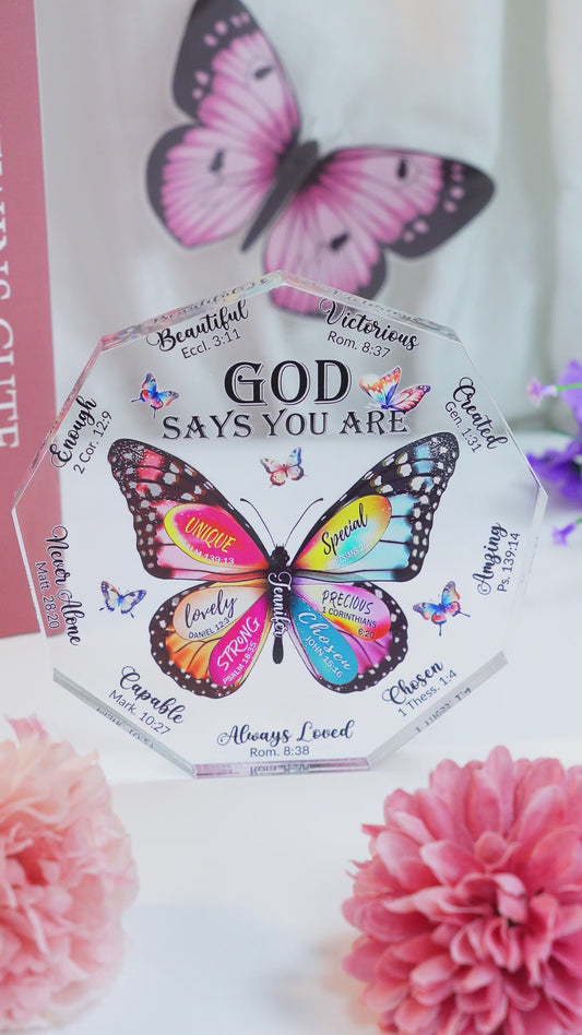 Gott sagt, du bist es – Personalisierte christliche Acrylplakette in individueller Form