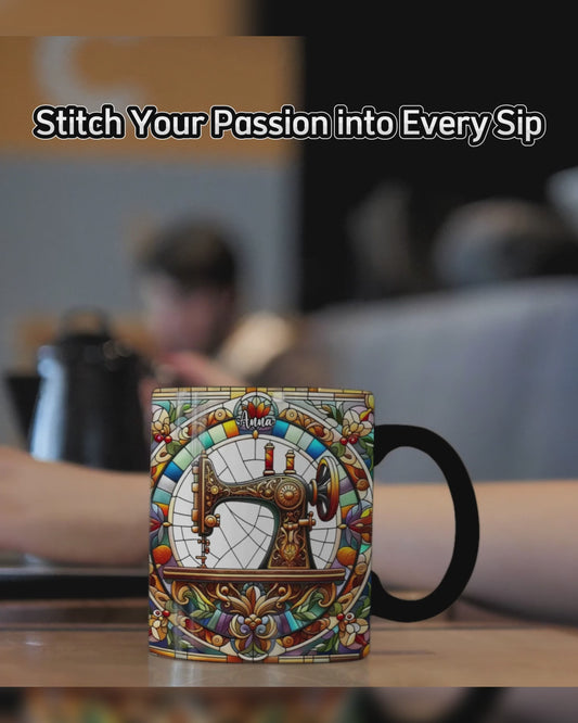 Bunte Nähmaschine – personalisierte Tasse mit Nähmotiv