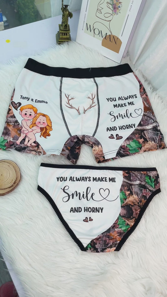 You Always Make Me Smile And Horny - Personalized Hunting Lace Border Women Briefs And Men’s Boxer Briefs