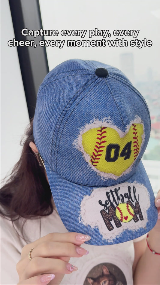 Softball Mom Number Custom Denim Pattern - Personalized Softball Classic Cap