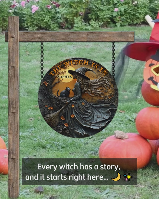 Beautiful Witch & Her Black Cat - Personalized Witch Round Metal Sign