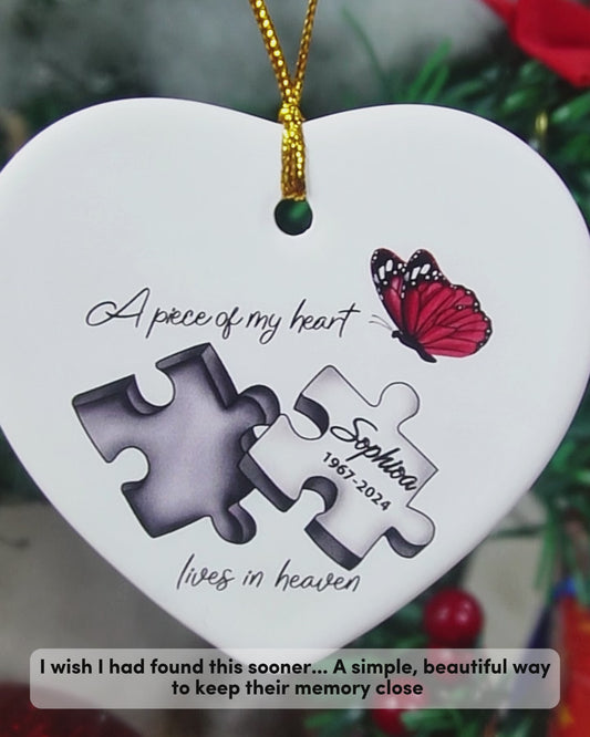 A Piece Of My Heart Lives In Heaven - Personalized Memorial Ceramic Heart Ornament