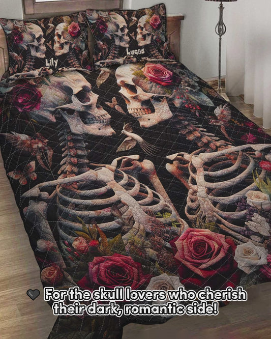 Skull Lovers Vintage Roses - Personalized Skull Quilt Set