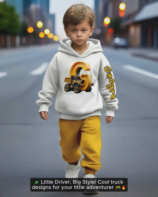 Cooles Outfit für Jungen mit LKW-Print: Kapuzenpullover und Jogginghose mit personalisiertem Kinder-Hoodie