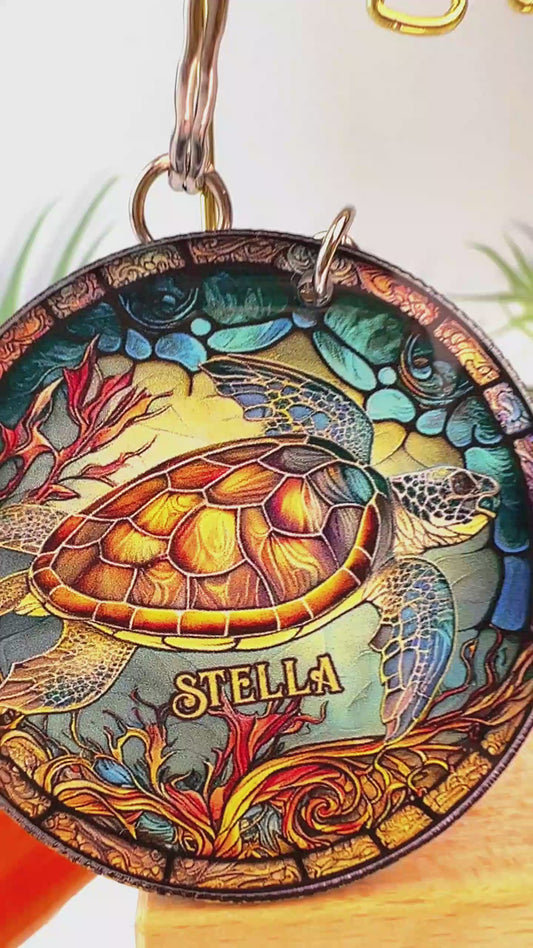 Stained Glass Turtle - Personalized Turtle Keychain (Printed On Both Sides)