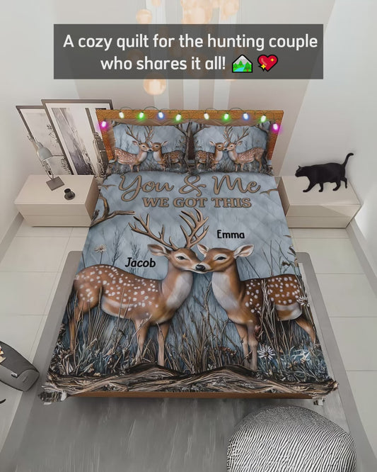 „Du und ich, wir schaffen das, liebes Paar“ – personalisiertes Jagd-Quilt-Set