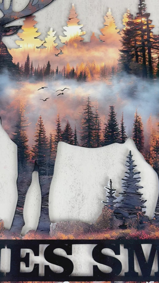 Personalisiertes Jagdschild „Hirsch bei Sonnenuntergang“ aus Metall mit individuellem Namen