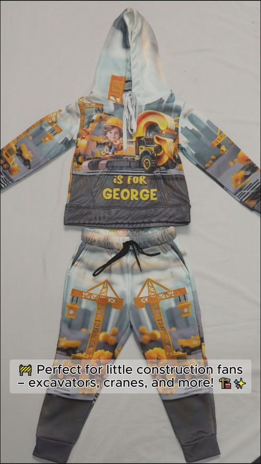 Baustellenfahrzeug-Alphabet – Personalisierter Kinder-Hoodie und Kinder-Jogginghose