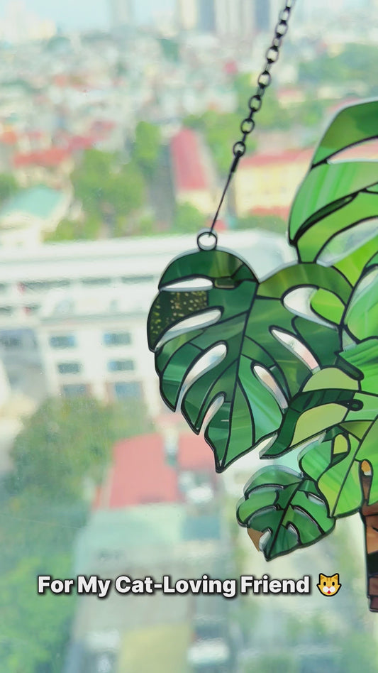 Katze und Monstera – Personalisierter Katzen-Fensterhänger 