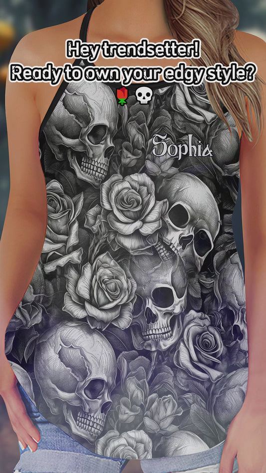 Skull Roses Black And White - Personalized Skull Cross Tank Top