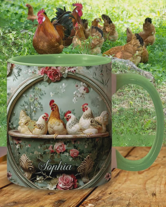 Vintage-Tasse mit Blumenmuster und Hühnermotiv – personalisierte Tasse mit Hühnermotiv