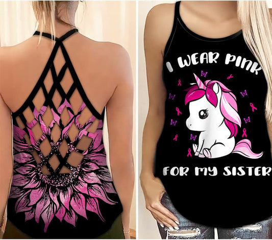Ich trage Pink für meine Schwester – Tanktop mit Kreuz zur Sensibilisierung für Brustkrebs 0722