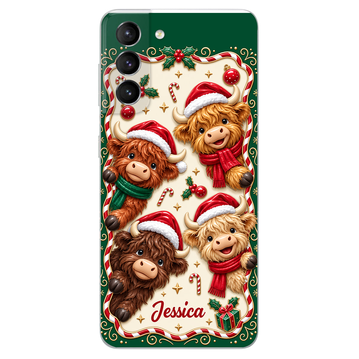 Merry Christmas Cute Highland Cows - Personalized Highland Cow 3D Embossed Leather Phone Case