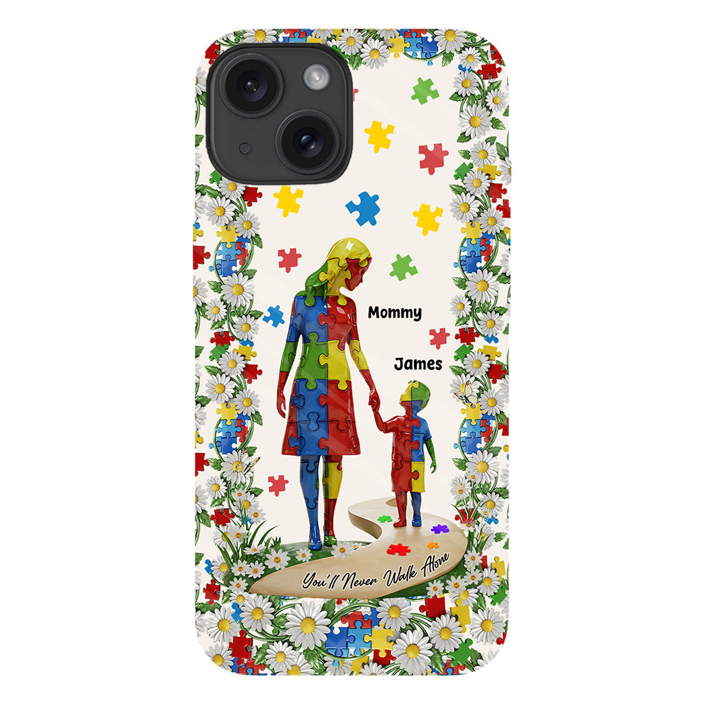 Du wirst niemals allein gehen – Personalisierte Handyhülle mit vollflächigem Aufdruck zum Thema Autismus