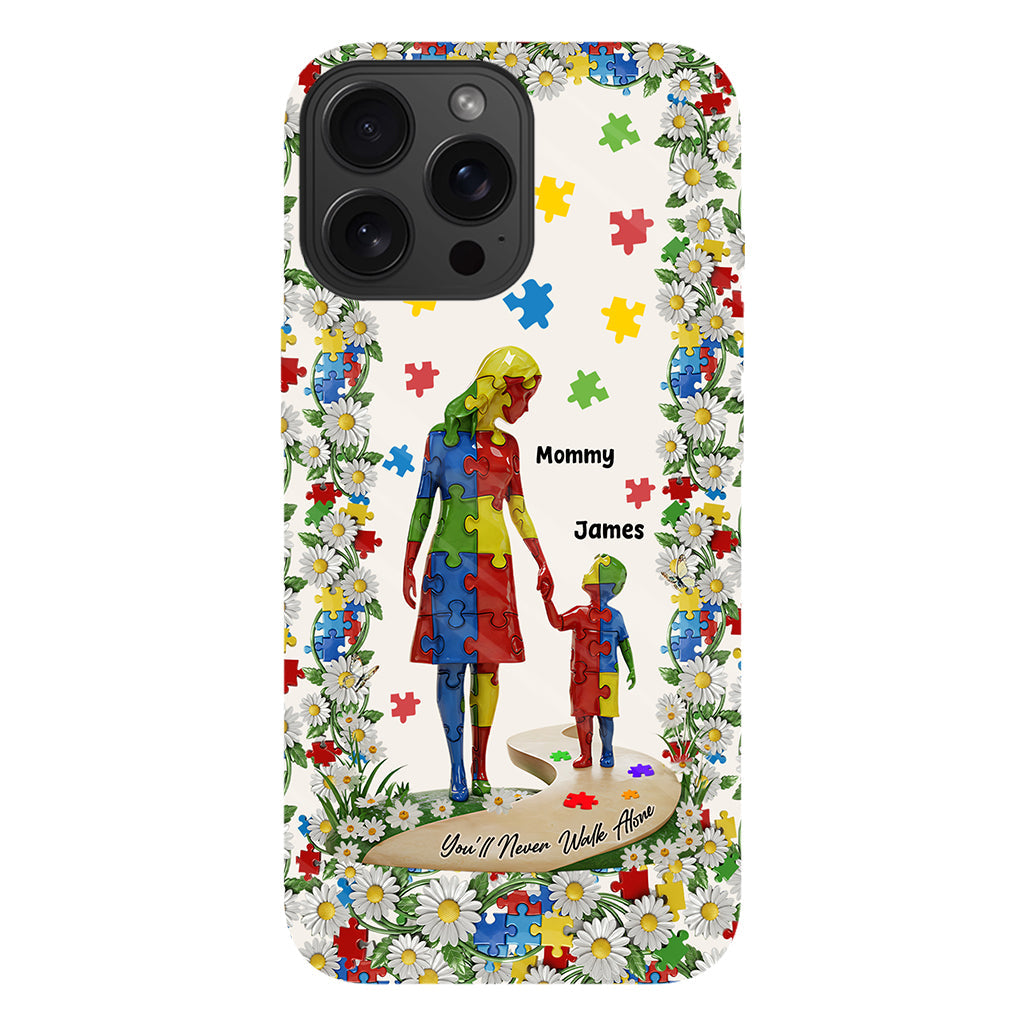 Du wirst niemals allein gehen – Personalisierte Handyhülle mit vollflächigem Aufdruck zum Thema Autismus