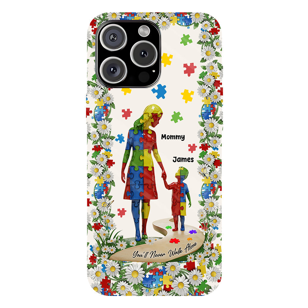 Du wirst niemals allein gehen – Personalisierte Handyhülle mit vollflächigem Aufdruck zum Thema Autismus