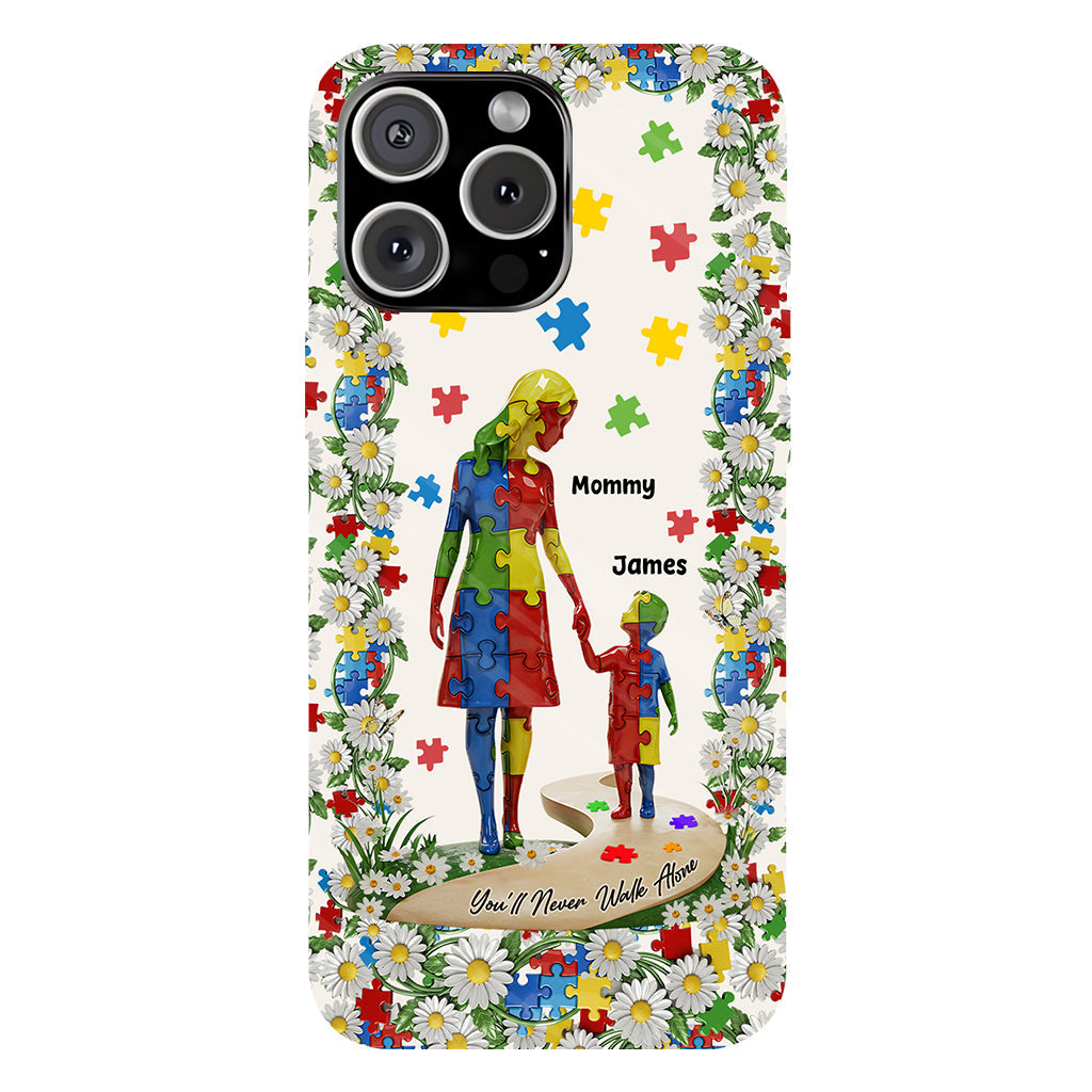 Du wirst niemals allein gehen – Personalisierte Handyhülle mit vollflächigem Aufdruck zum Thema Autismus