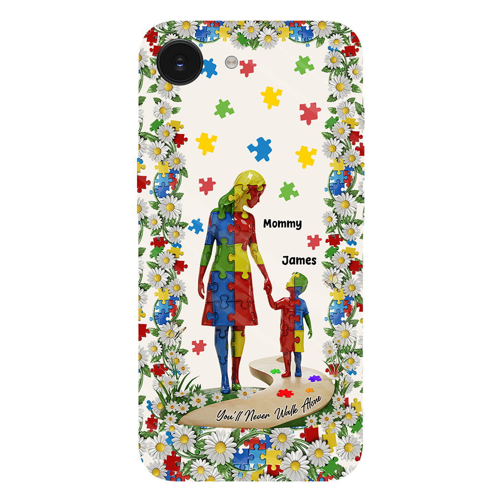 Du wirst niemals allein gehen – Personalisierte Handyhülle mit vollflächigem Aufdruck zum Thema Autismus