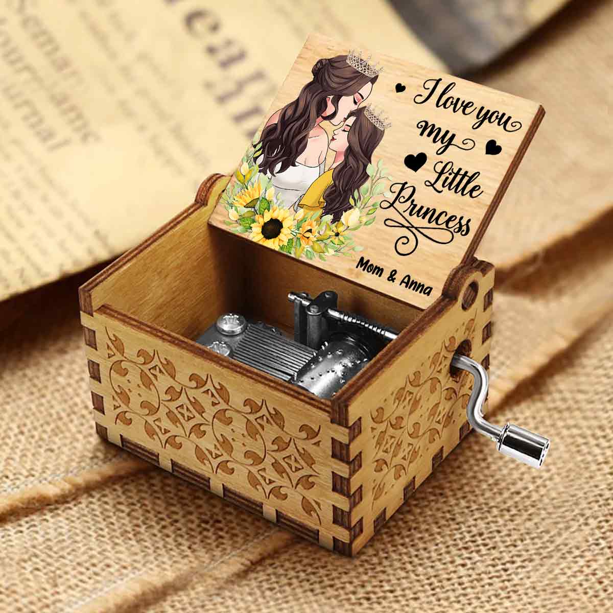 Ich liebe dich, meine kleine Prinzessin – Geschenk für Mama, Tochter, Sohn, Enkelin, Enkel – Personalisierte Spieluhr mit Handkurbel