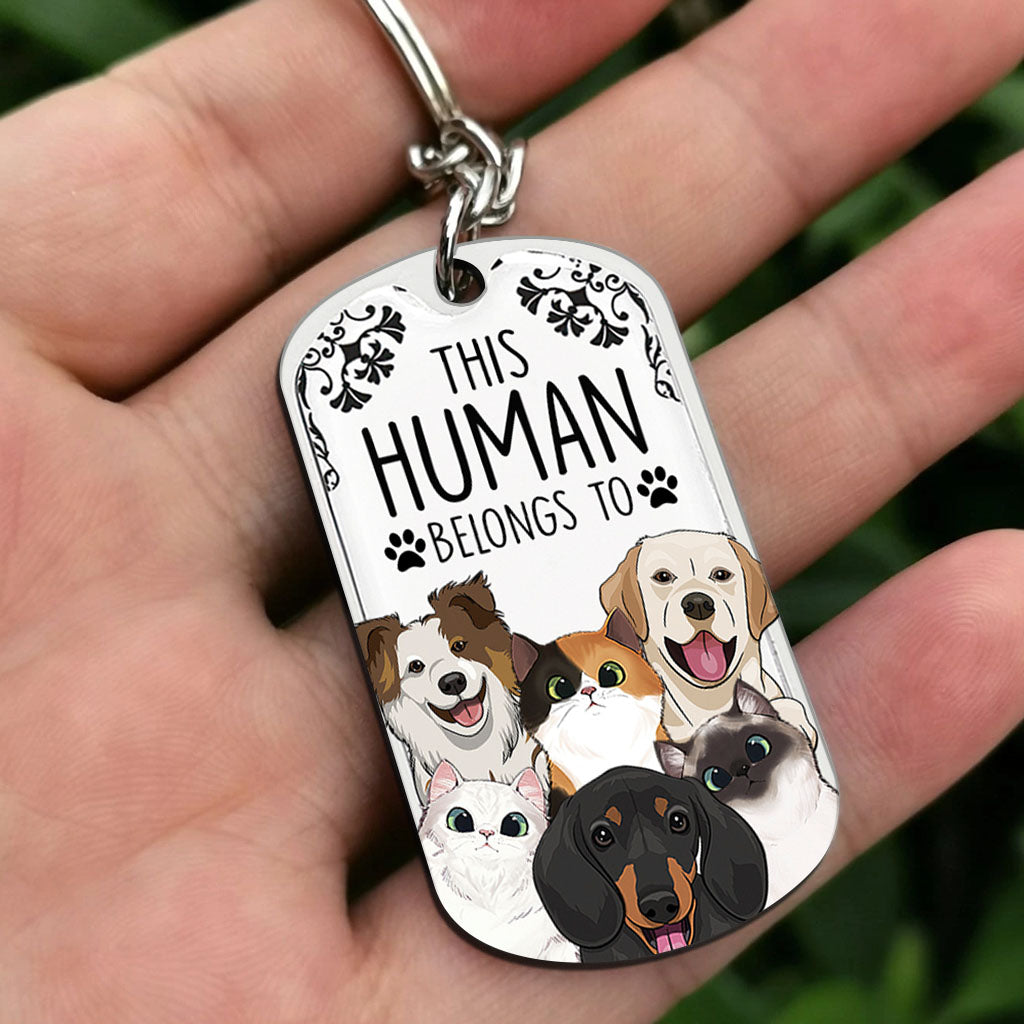 Dieser Mensch gehört zu – Hunde-Geschenk für Katzenliebhaber – Personalisierter Edelstahl-Schlüsselanhänger