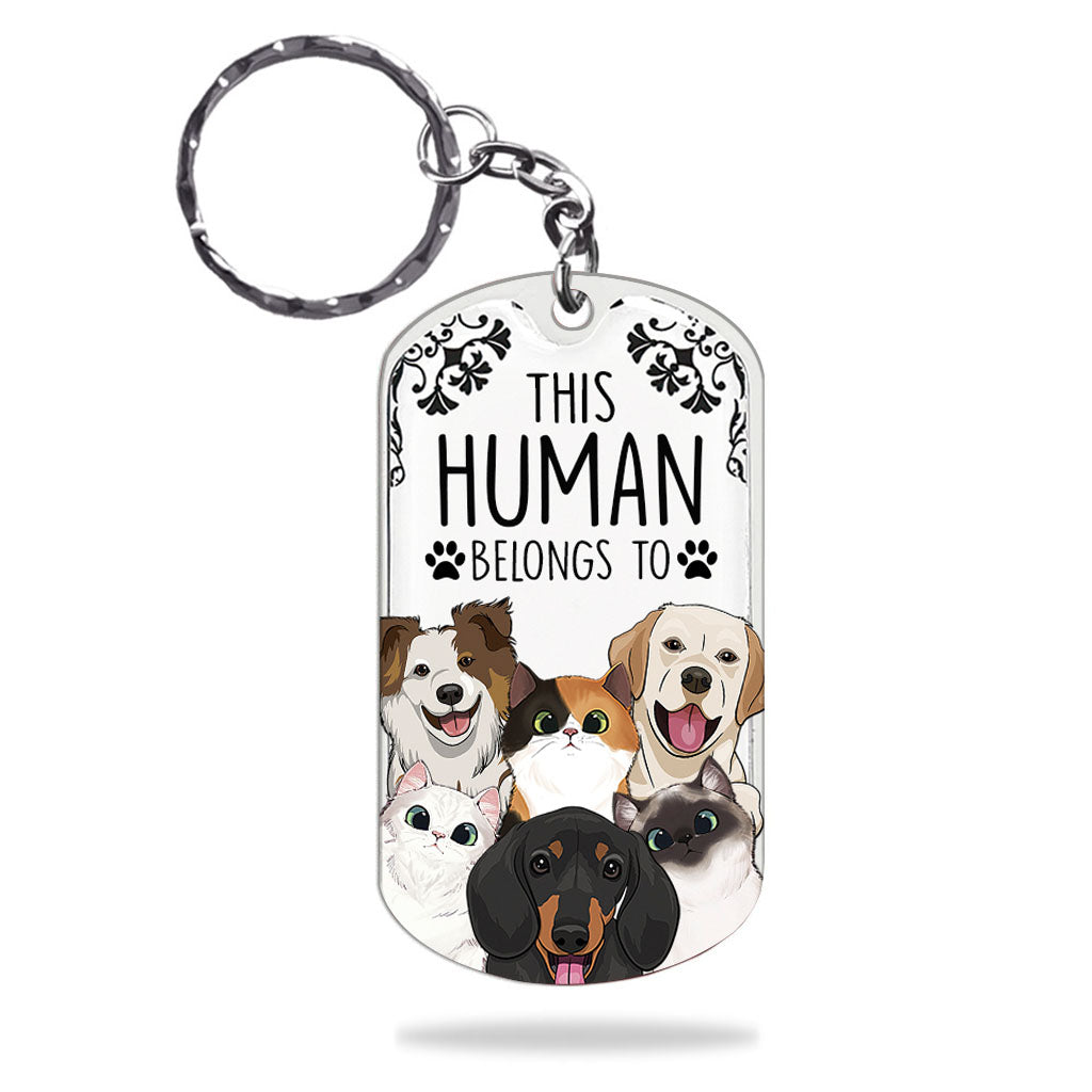Dieser Mensch gehört zu – Hunde-Geschenk für Katzenliebhaber – Personalisierter Edelstahl-Schlüsselanhänger