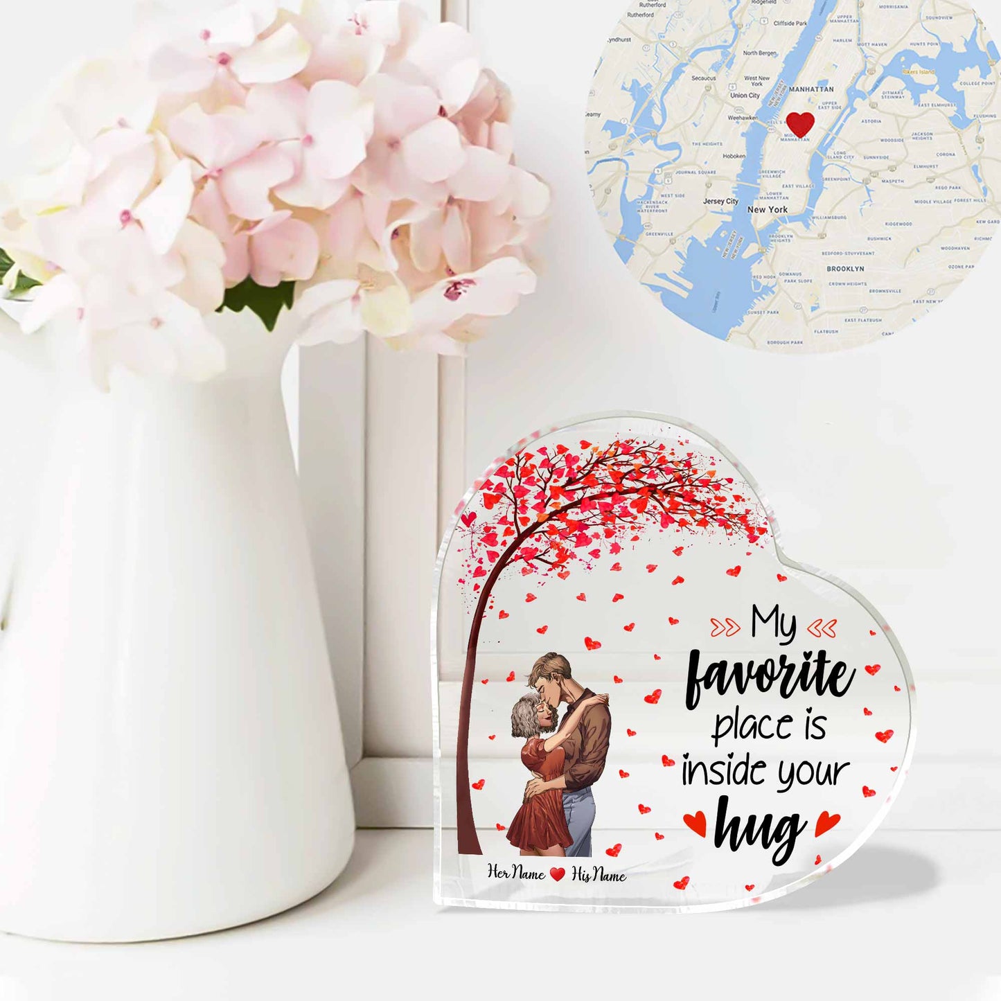 Mein Lieblingsplatz ist in deiner Umarmung – personalisierte Acrylplakette in individueller Pärchenform