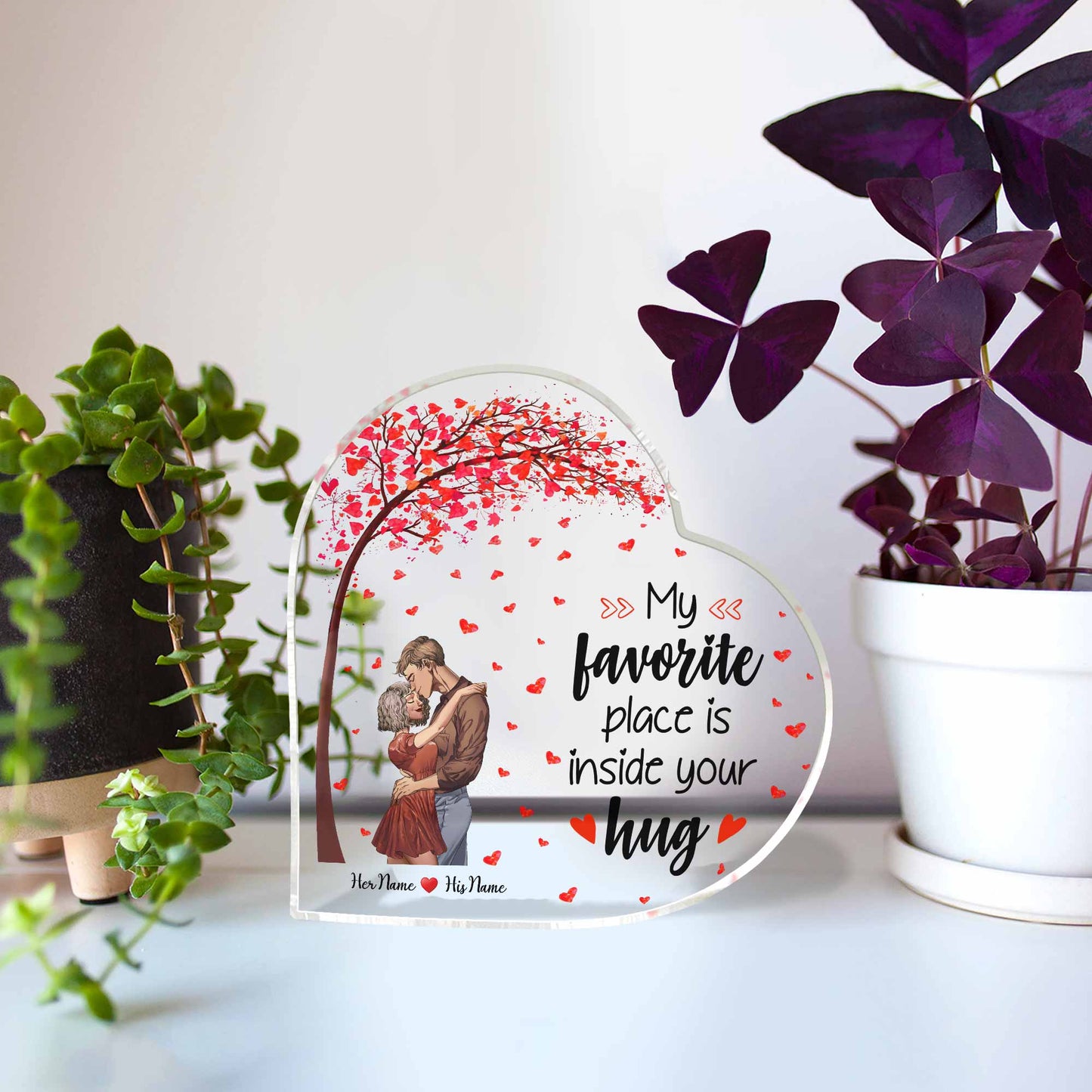 Mein Lieblingsplatz ist in deiner Umarmung – personalisierte Acrylplakette in individueller Pärchenform