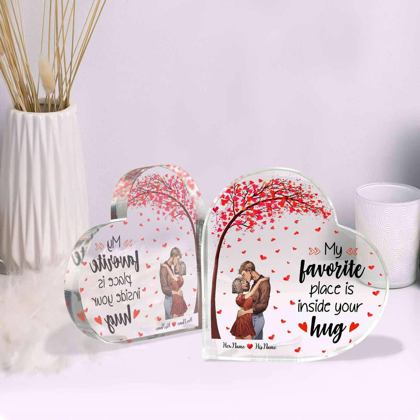 Mein Lieblingsplatz ist in deiner Umarmung – personalisierte Acrylplakette in individueller Pärchenform