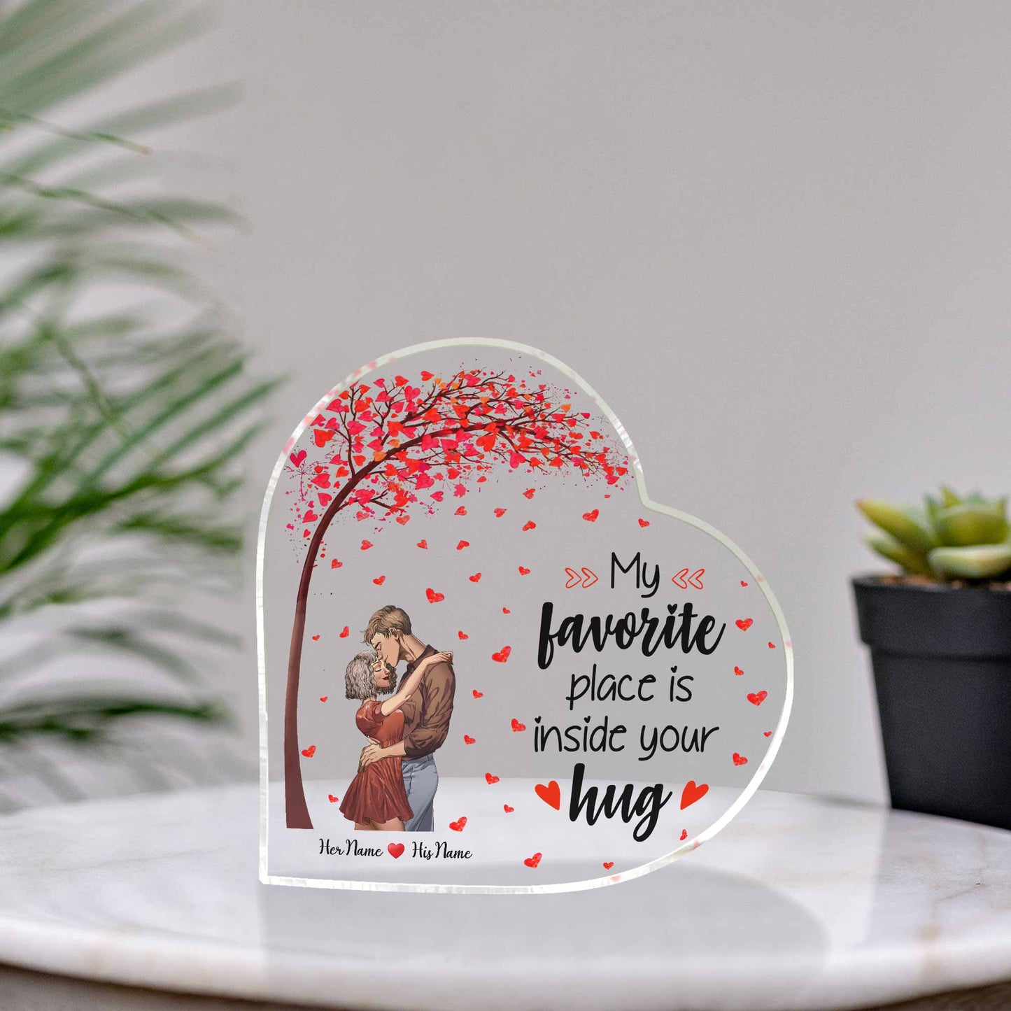 Mein Lieblingsplatz ist in deiner Umarmung – personalisierte Acrylplakette in individueller Pärchenform